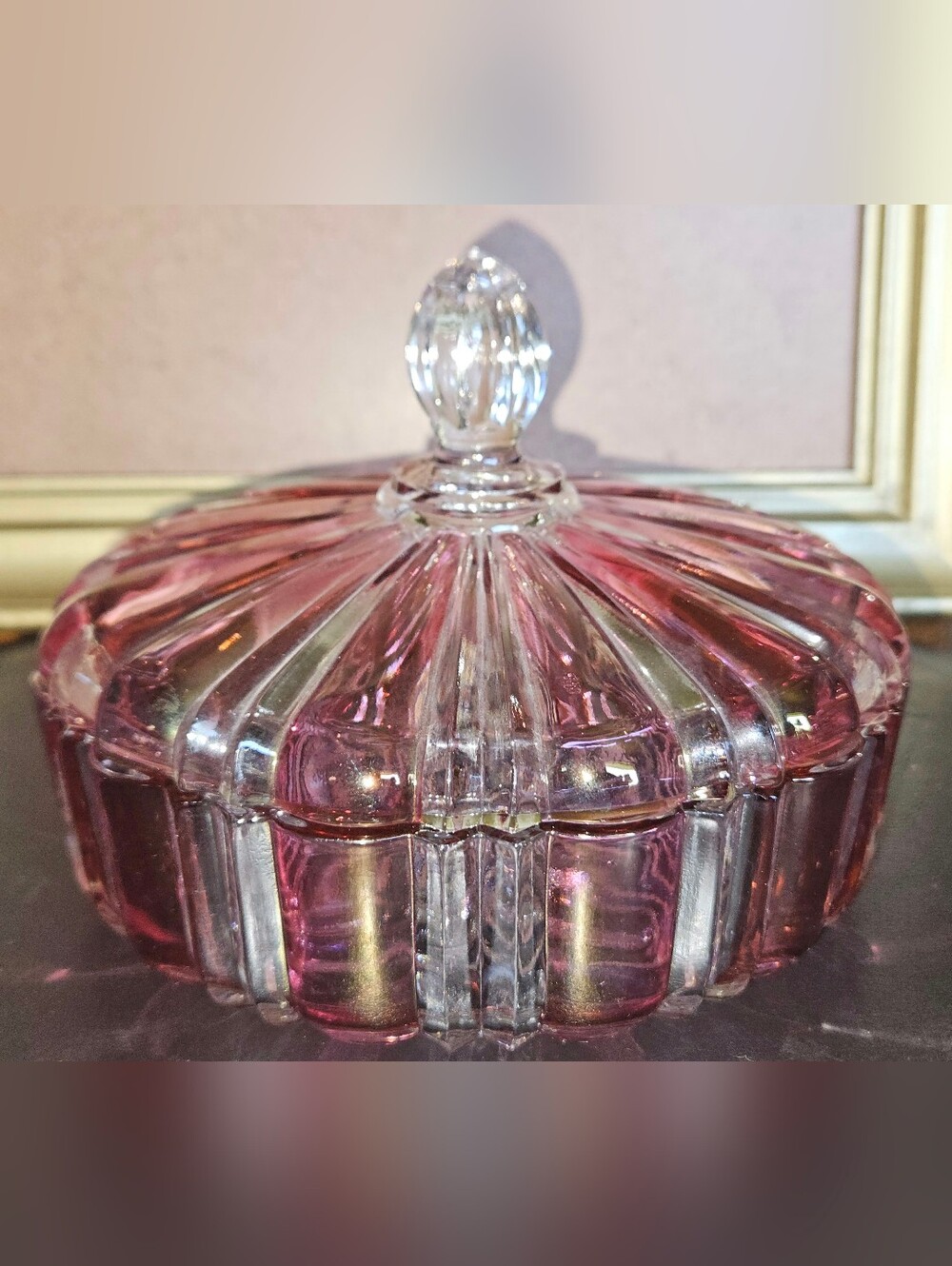 Vintage 1940s Anchor Hocking "Old Cafe" Cranberry Covered Candy Dish
